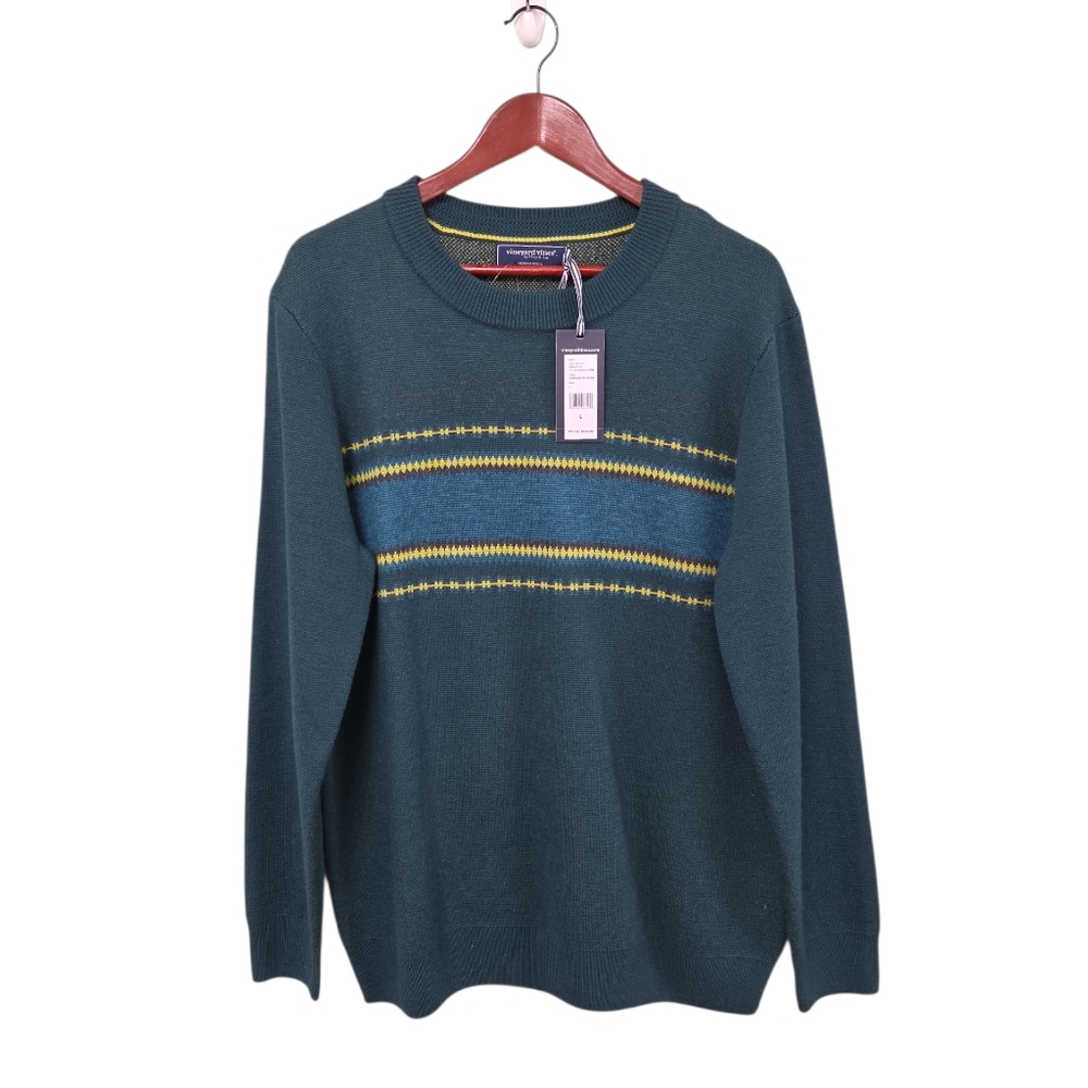 Vineyard Vines Mens 100% Merino Wool OTG Ski Fairisle Crew Green Sweater Size LG